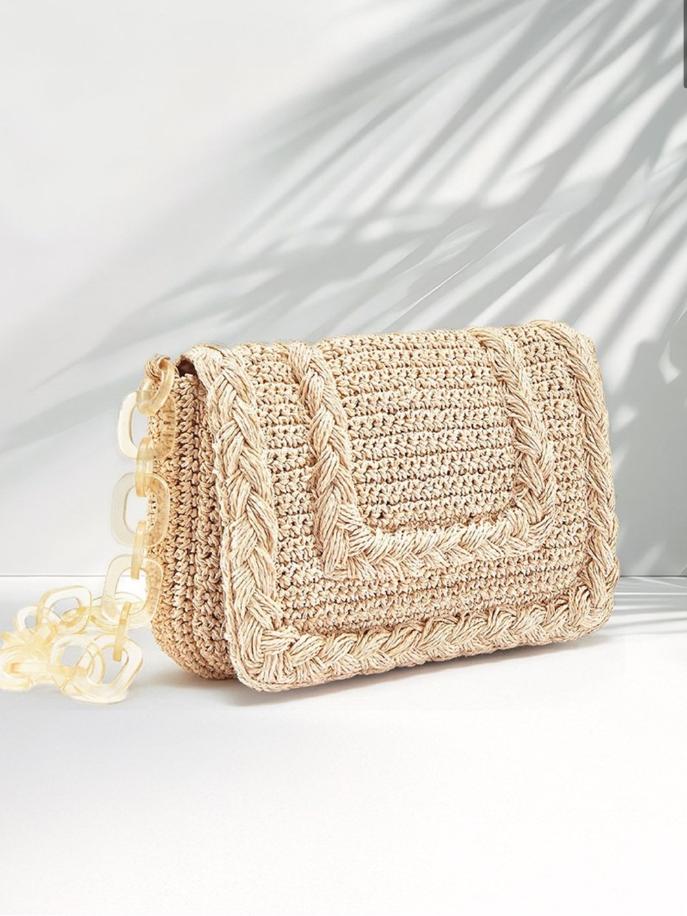 RAFFIA Woven Crochet Chain-Handle Shoulder Bag Natural braided chunky